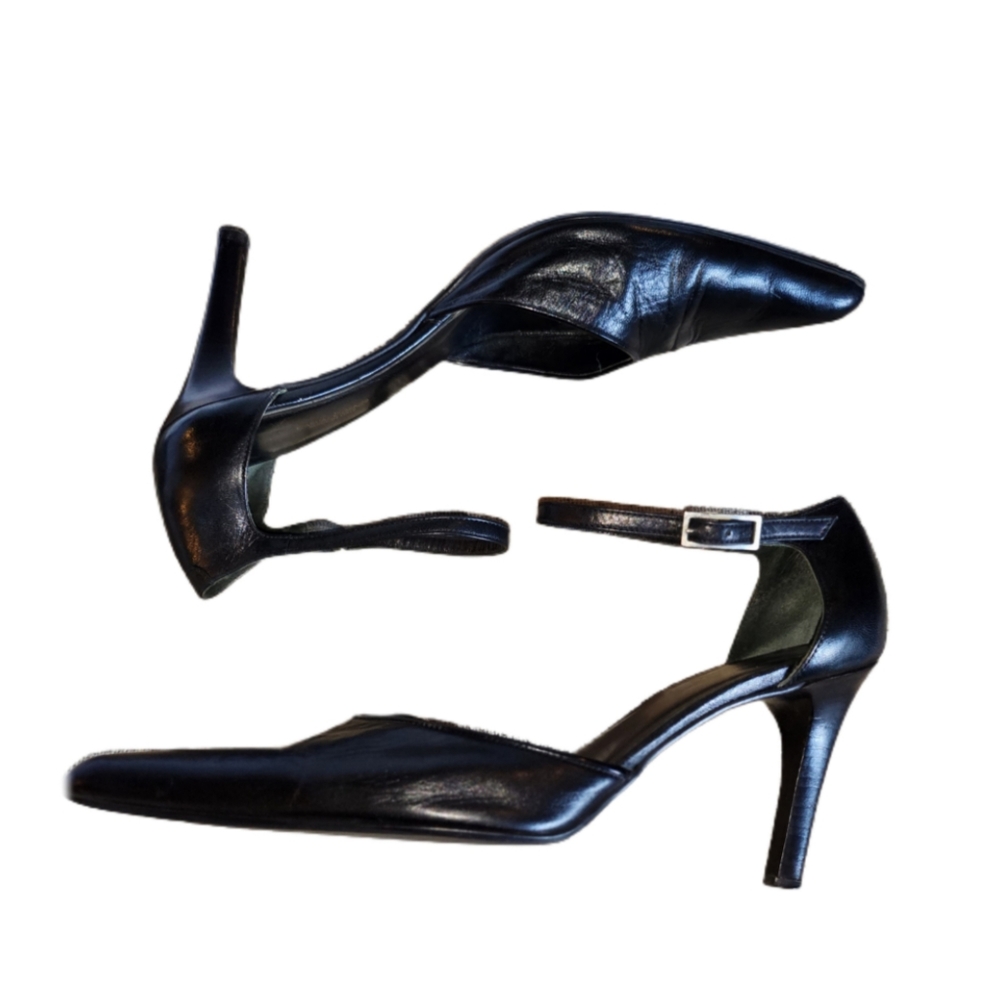 CASUAL CORNER BLACK LEATHER ANKLE STRAP HEELS MADE IN ITALY - Picture 5 of 11